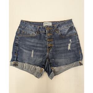 Mudd Women’s High Rise Denim Shorts Button Fly Distressed Blue Size 3